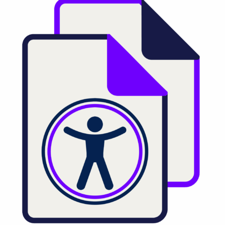 n illustrative icon for document remediation featuring three stacked, stylized paper documents with folded top-right corners. The front document is light grey with horizontal lines representing text, the middle document is bright purple, and the back document is dark navy blue, all set against a grey background.