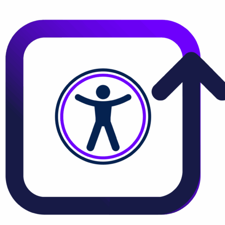 A dark blue and purple icon representing the integration of accessibility into an organization. It features a dark blue "Universal Access" human figure inside a circular border at the center of a rounded purple square frame. A bold dark blue arrow points upward and outward from the top-right corner of the frame, symbolizing strategic growth and external compliance.