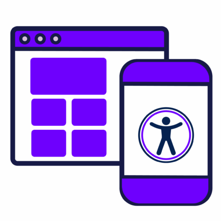 A clean, flat-style illustration of a web browser window. The browser has a purple top header bar with three small control circles on the left. Inside the window, there is a grid of light-purple blocks representing a website layout. On the right, there os a mobile browser with a purple top and bottom bar. Inside the window, is the accessibility logo of a human figure in the center of a circle outline.